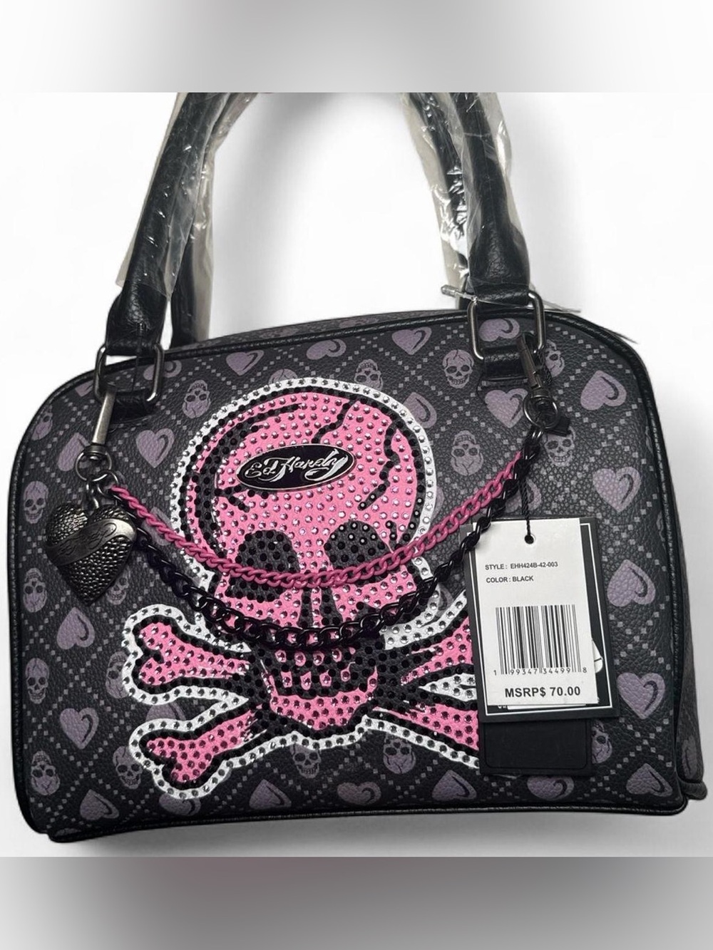 Ed Hardy Black & Pink Studded Skull Satchel with Chain Accent